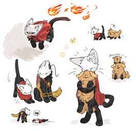 ambiguous_gender anthro beads biped black_body black_fur black_nose black_text bodily_fluids brown_body brown_fur cloak clothing exclamation_point eyes_closed feral fire fur group holding_another holding_object hug hugging_another inner_ear_fluff looking_at_another lying motion_lines on_front on_ground open_mouth open_smile pawpads paws prayer_beads quadruped red_cloak red_clothing rosary running simple_background smile standing stretching sweat sweatdrop tail text tongue trio tuft white_background white_body white_fur aaasakawa hollow_knight:_silksong hollow_knight_(franchise) team_cherry hornet_(hollow_knight) shakra_(hollow_knight:_silksong) canid canine felid feline flea_(hollow_knight:_silksong) mammal 2026 english_text hi_res female_(lore)