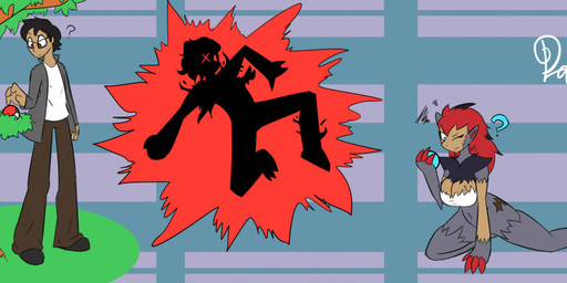 anthro areola big_breasts black_body black_fur black_hair blue_eyes breasts brown_eyes claws clothed clothing curious electrocution female fur gender_transformation hair human_to_anthro long_hair male mid_transformation mtf_transformation nipples on_ground plant pokeball pose red_areola red_claws red_hair red_nipples simple_background smile solo species_transformation standing thick_thighs transformation tree x_eyes d-6alaxy nintendo pokemon deiser generation_5_pokemon human mammal pokemon_(species) zoroark colored