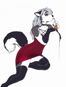 anthro armwear beverage black_armwear black_clothing black_elbow_gloves black_gloves black_handwear black_legwear black_thigh_highs breasts cheek_tuft cleavage clothed clothing collar dress drinking drinking_straw elbow_gloves facial_tuft female fully_clothed fur gloves grey_body grey_fur grey_hair hair handwear holding_beverage holding_glass holding_object legwear long_hair red_clothing red_dress red_sclera simple_background sitting solo spiked_collar spikes tail thigh_highs tuft white_body white_eyes white_fur smileeeeeee hellaverse helluva_boss mythology loona_(helluva_boss) canid canid_demon canine demon hellhound mammal mythological_canine mythological_creature colored digital_media_(artwork) full-length_portrait hi_res portrait