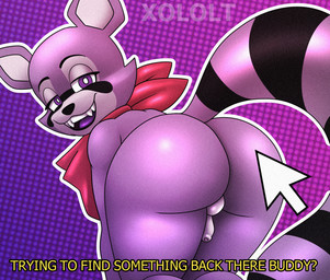 balls bedroom_eyes big_butt butt cheek_tuft dialogue facial_markings facial_tuft fangs fluffy fluffy_tail fur genitals gradient_background head_markings male markings mask_(marking) narrowed_eyes nude open_mouth penis pixelated_background presenting presenting_hindquarters purple_eyes raised_tail rear_view red_scarf scarf seductive simple_background small_penis solo striped_body striped_fur striped_markings striped_tail stripes tail tail_aside tail_markings teasing teeth text thick_thighs tuft wide_hips xolotl_59 indigo_park rambley_raccoon mammal procyonid raccoon 2026 digital_drawing_(artwork) digital_media_(artwork) hi_res