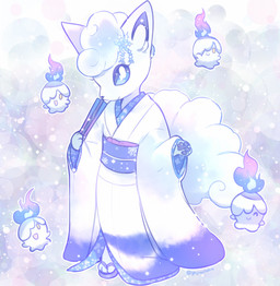 anthro anthrofied asian_clothing blue_eyes clothing east_asian_clothing female feral footwear fur hair japanese_clothing looking_at_viewer pawpads paws pokemorph sandals shoes smile solo white_body white_fur white_hair yajuuraku nintendo pokemon alolan_form alolan_vulpix generation_5_pokemon generation_7_pokemon litwick pokemon_(species) regional_form_(pokemon) watermark