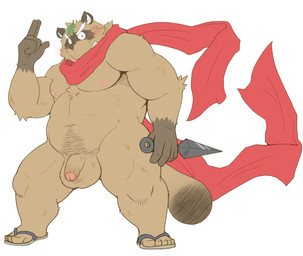 anthro balls belly big_balls blush brown_body brown_fur clothing disproportionate_genitalia flaccid footwear foreskin fur genitals humanoid_genitalia humanoid_hands humanoid_penis leaf male moobs navel nipples overweight overweight_anthro overweight_male penis sandals scarf shoes simple_background small_penis solo white_background shiike999 canid canine mammal raccoon_dog tanuki 2015 hi_res