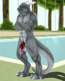abs animal_genitalia animal_penis anthro balls blank_expression bodily_fluids claws crossed_arms digitigrade ear_piercing equine_genitalia equine_penis genital_fluids genitals half-erect horn long_tail male medial_ring muscular non-mammal_balls nude penis piercing poolside precum solo standing tail kloogshicer mythology bert_(kloogshicer) dragon mythological_creature mythological_scalie scalie 2014 4:5 hi_res