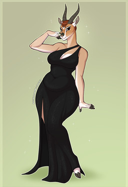 2_horns 5_fingers anthro belly big_breasts black_clothing black_dress black_markings breasts brown_body brown_eyes brown_hair cleavage clothed clothing collarbone dress female fingers hair hooves horn long_dress looking_at_viewer markings multicolored_body navel pose short_hair simple_background slightly_chubby smile snout solo standing thick_thighs white_body kitsunewaffles-chan antelope bovid mammal full-length_portrait hi_res portrait