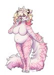 anthro breasts featureless_breasts felid female fur hi_res looking_at_viewer mammal markings marzipan_(spottedtigress) overweight pantherine pink_body pink_fur simple_background solo spots spotted_legs spotted_markings spotted_tail standing striped_legs striped_markings striped_tail stripes tail tail_markings tiger tiggybloom white_background white_body white_fur