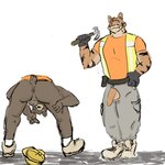 anthro anus armor balls bent_over butt clothed clothing construction_site construction_worker duo flaccid foreskin genitals hammer hard_hat headgear helmet high-vis high-visibility_vest male male/male no_underwear penis penis_poking_out public public_nudity saggy_balls sex simple_background tool_belt tools white_background work_boots work_gloves dickinoatmeal bear brown_bear felid mammal pantherine tiger ursine 1:1 hi_res