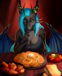 anthro big_breasts blue_claws blue_hair boil boiled_egg bowl breast_rest breasts claws cleavage clothed clothing container detailed_background dripping eating egg female food food_on_breasts freckled_shoulders freckles front_view furniture glistening glistening_eyes glowing glowing_horn glowing_spots hair holding_object holding_tool holding_utensil horn huge_breasts kitchen_utensils leopard_spots lettuce light long_hair looking_at_food looking_at_object looking_down meat membrane_(anatomy) membranous_wings messy_eater off_shoulder pasta plant roe_(egg) sandwich_(food) shirt smile solo spaghetti spotlight spots table tools topwear vegetable wing_claws wings aib_leyley mythology monikka_(blueclaws) dragon mythological_creature mythological_scalie scalie 2021 absurd_res digital_media_(artwork) digital_painting_(artwork) hi_res lighting