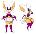 anthro blue_eyes bottomwear breasts burger cleavage clothed clothing eating female food gloves handwear midriff navel overweight overweight_anthro overweight_female purple_clothing purple_gloves purple_handwear shorts simple_background solo thick_thighs white_background ultrahand sega sonic_the_hedgehog_(series) rouge_the_bat bat mammal