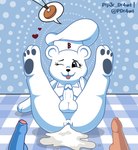 2024 3_toes ambiguous_gender anthro anus bakery balls bear bimbo_(bakery) bimbo_bear blue_eyes bodily_fluids bread breasts butt clothed clothing cum cum_in_ass cum_inside cum_request feet food foreskin fur genital_fluids genitals group heart_symbol hi_res human insemination_request intersex intersex/male male male/male mammal mascot one_eye_closed paws penis pip3r_dr4ws puffy_anus spread_legs spreading toes tongue tongue_out trio white_body white_fur wink