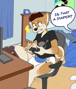 alarm_clock anthro bed bedroom bottomwear caught_in_the_act chair clean_diaper clock clothed clothing curtains desk dialogue diaper embarrassed fur furniture gaming gaming_chair male pants pillow poster shirt sitting solo table text topwear wearing_diaper natsu-cat canid canine canis domestic_dog mammal 2018 english_text