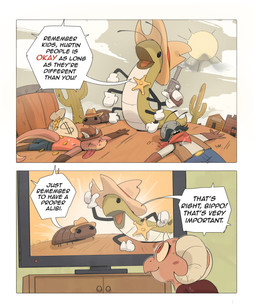 anthro brown_body brown_scales cowboy desert dialogue electronics female gun horn male ranged_weapon scales television text weapon ghioel bippo_(simplifypm) glumbo_(simplifypm) piko_(simplifypm) arthropod caterpillar insect kobold larva reptile scalie snake 2022 digital_media_(artwork) english_text hi_res