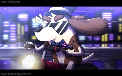 anthro bendy_straw beverage black_bars bow_tie bridge brown_body brown_fur city cityscape clothing coconut detailed_background drinking_straw drupe_(fruit) eyewear floppy_ears flower food fruit fur hat headgear headlight headwear holding_beverage holding_object lights male motorcycle multicolored_body multicolored_fur neon neon_lights night outside plant riding sea semi-anthro sitting sky smile solo star starry_sky sunglasses top_hat vehicle water zandermanith bluey_(series) jerry_lee_(bluey) basset_hound canid canine canis domestic_dog hunting_dog mammal scent_hound 2021 digital_drawing_(artwork) digital_media_(artwork) hi_res letterbox shaded signature widescreen