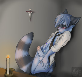 anthro balls beads biped blue_body blue_fur blue_hair blush bottomless bottomwear candle christian_cross christian_symbol clothed clothing cross crucifix erection foreskin frenulum fur genitals hair humanoid_genitalia humanoid_penis jewelry male necktie open_clothing open_shirt open_topwear pants penis prayer_beads red_eyes religion religious_symbol retracted_foreskin rosary shirt solo tail tenatsu topwear vagabond_(artist) christianity jesus_christ mammal procyonid raccoon 2008 digital_media_(artwork)