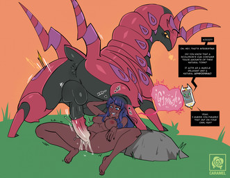 abdominal_bulge ahegao animal_genitalia animal_penis antennae_(anatomy) anus aphrodisiac areola backsack balls bestiality big_balls big_breasts big_penis black_balls black_body blue_eyes blue_hair blue_lips blue_lipstick blush blush_lines bodily_fluids breasts brown_body brown_skin cum cum_from_vagina cum_in_vagina cum_inside dialogue duo_focus ejaculation electronics equine_genitalia equine_penis erection eyebrows eyelashes feet female female_human female_on_bottom female_on_feral female_penetrated feral feral_penetrating feral_penetrating_female feral_penetrating_human from_front_position fucked_silly genital_fluids genitals grass group hair hand_on_another's_thigh hand_on_leg hand_on_own_leg hand_on_own_thigh hand_on_thigh happy happy_sex heart_reaction heart_speech_bubble heart_symbol huge_penis human_on_feral human_penetrated interspecies larger_feral larger_male leaking leaking_vagina lips lipstick logo looking_at_another looking_at_genitalia looking_at_partner looking_at_penis looking_back looking_pleasured lying lying_on_ground machine magenta_body makeup male male/female male_feral male_on_human male_on_top male_penetrating male_penetrating_female male_penetrating_human markings medial_ring moan motion_lines multicolored_body narrowed_eyes nipples nude nude_female nude_human on_back on_bottom on_ground on_top orgasm orgasm_face penetration penile penile_penetration penis penis_in_vagina phone plant pokephilia purple_markings raised_eyebrows raised_inner_eyebrows red_penis saliva sex shaking simple_background simultaneous_orgasms size_difference smaller_female smaller_human smaller_penetrated smile smoke smoke_from_nose sound_effects speech_bubble spiked_penis spikes spikes_(anatomy) spread_legs spreading sweat sweatdrop tail teeth text thick_thighs toes tongue tongue_out tremble_spikes trembling trio two_tone_body vaginal vaginal_fluids vaginal_penetration vocalization vulva yellow_sclera caramelroses nintendo pokemon fan_character pkmn_researcher_abby animate_inanimate arthropod generation_4_pokemon generation_5_pokemon human living_machine mammal pokemon_(species) rotom scolipede artist_logo english_text hi_res signature