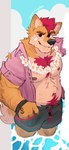 anthro biped brown_eyes clothed clothing flower_necklace fur hair jacket looking_at_viewer male muscular muscular_anthro muscular_male open_clothing open_jacket open_topwear red_hair solo standing topwear yellow_body yellow_fur overcyan canid canine canis mammal wolf 2024 hi_res