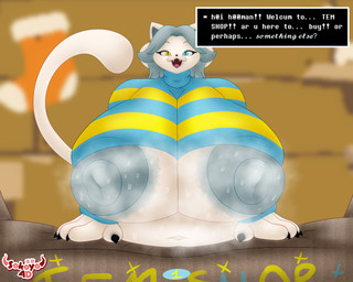 4_ears anthro areola belly big_belly big_breasts black_claws bodily_fluids breasts claws clothing curled_tail dialogue_box feline_ears female fur grey_areola grey_hair grey_nipples hair hand_on_box heterochromia leaning leaning_forward looking_at_viewer multi_ear musk musk_cloud musky_breasts nipples open_mouth pattern_clothing striped_clothing stripes sweat sweater sweaty_belly sweaty_body sweaty_breasts tail text tongue topwear under_boob white_body sokoyo_owo undertale undertale_(series) temmie_(undertale) canid canine felid mammal tem hi_res
