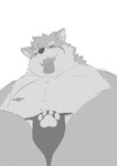 anthro asian_clothing belly bulge clothing east_asian_clothing fundoshi japanese_clothing low-angle_view male moobs overweight scar simple_background smile solo tongue tongue_out underwear white_background penguin0700 lifewonders tokyo_afterschool_summoners moritaka_(tas) canid canine canis domestic_dog mammal absurd_res hi_res monochrome