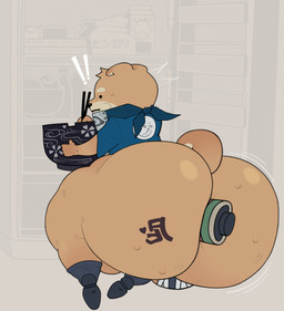 anal anal_penetration anthro appliance bandage bandaged_leg big_butt black_eyes black_nose blue_clothing blue_jacket blue_topwear bottom_heavy bouncing_butt bowl brown_body brown_fur bubble_butt butt caught chopsticks cjk_tally_marks clothing container cropped_jacket curled_tail curvy_figure dot_eyes eating eating_food exclamation_point eyebrows femboy fingers food footwear fridge fur glistening glistening_butt hair heart_tattoo huge_butt huge_thighs jacket japanese_tattoo kitchen_appliance kneeling lips male male_anthro motion_lines multicolored_body multicolored_fur naruto_headband ninja noodles object_in_ass pear-shaped_figure penetration ramen rear_view shoes shortstack shortstack_male simple_eyes solo tail tally_marks tan_body tan_fur tattoo thick_thighs topwear two_tone_body two_tone_fur voluptuous voluptuous_anthro voluptuous_male warrior wide_hipped_anthro wide_hipped_male wide_hips cinbey okinashiri_(coleson) canid canine canis domestic_dog mammal shiba_inu spitz 2026 absurd_res colored digital_drawing_(artwork) digital_media_(artwork) hi_res