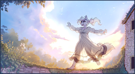 4_toes 5_fingers anthro barefoot biped breasts building clothed clothed_anthro clothed_female clothing cloud day dress feet female female_anthro fingerpads fingers flower front_view fur grass hair handpaw happy humanoid_hands inner_ear_fluff leaf open_mouth open_smile outside pawpads paws plant plantigrade ponytail purple_eyes running sky smile solo spread_arms tail text tied_hair toes tuft white_body white_fur white_hair white_tail iskra patience_larhun_(duster) ambient_flier canid canine mammal 2024 artist_name dated digital_media_(artwork) full-length_portrait portrait