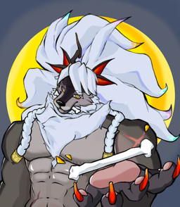 abs anthro bone bone_in_mouth chest_tuft claws colored_nails feral food fur horn male moon nails offering_food offering_to_another pawpads scar simple_background solo tuft white_body white_fur yellow_eyes fluffwuf dislyte lilith_games mythology sui_zai_(dislyte) canid canine hybrid mammal mythological_canine mythological_creature digital_media_(artwork) hi_res