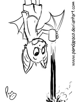 anthro big_ears bottomwear clothed clothing logo male membrane_(anatomy) membranous_wings mouth_closed shorts simple_background solo text topless upside_down wings young young_anthro young_male pandapaco bat mammal 2015 artist_logo monochrome signature sketch url