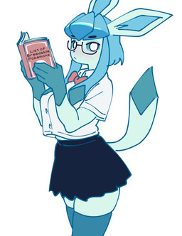 absolute_territory anthro blue_body blue_ears blue_hair blue_tail book bottomwear breasts clothed clothing eyewear female fingers glasses hair holding_book holding_object legwear looking_at_viewer skirt solo tail thigh_highs mochichiart nintendo pokemon eeveelution generation_4_pokemon glaceon pokemon_(species) 2026 hi_res