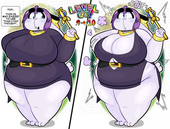 anthro belly big_belly big_breasts breasts cleavage clothed clothing female fur gameplay_mechanics hair level_up magic_wand overweight overweight_anthro overweight_female purple_hair solo thick_thighs transformed_clothing white_body white_fur blitzyflair arianne_(blitzyflair) lagomorph leporid mammal rabbit 2026 hi_res