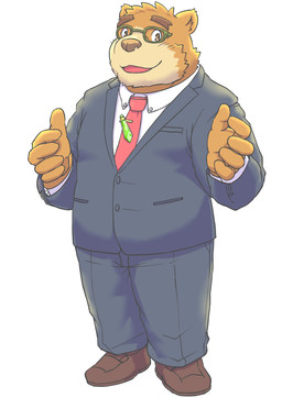 anthro bottomwear brown_body brown_fur clothing eyewear fur glasses humanoid_hands kemono male necktie open_mouth overweight overweight_male pants shirt solo standing suit topwear misterdonn lifewonders tokyo_afterschool_summoners volos_(tas) bear mammal 2026