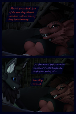 anthro arm_warmers armwear bedroom_eyes blue_eyes breasts clothing dialogue female fur leg_warmers legwear male male/female narrowed_eyes purple_body purple_fur red_body red_fur robe seductive shirt topwear flailingfornication bat mammal origin_species 3d_(artwork) absurd_res comic digital_media_(artwork) hi_res mother_(lore) parent_(lore) son_(lore)