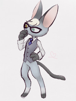 accessory anthro big_ears biped blonde_hair bottomless business_suit claws clothed clothing collared_shirt digitigrade dress_shirt eyewear fur glasses gloves grey_body grey_fur hair hand_on_hip handwear heart_symbol heterochromia leg_markings male markings necktie paws shirt slim_anthro slim_male socks_(marking) solo standing suit tail three-quarter_view topwear wearing_glasses pokunchan animal_crossing nintendo raymond_(animal_crossing) domestic_cat felid feline felis mammal 2020 3:4 absurd_res digital_media_(artwork) full-length_portrait hi_res portrait