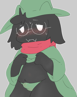 anthro black_body black_fur blush bodily_fluids briefs bulge clothed clothing clothing_lift embarrassed eyewear fur glasses hat headgear headwear male robe scarf simple_background solo sweat underwear young young_anthro young_male ekubo deltarune undertale_(series) ralsei bovid caprine darkner goat mammal 2018 absurd_res hi_res