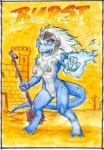 anthro armor big_breasts biped blue_body blue_scales breasts castle chest_tuft claws female fur genitals hair headgear helmet long_hair looking_at_viewer mace magic magic_user melee_weapon nipples non-mammal_breasts non-mammal_nipples nude outside plant pussy scales solo standing tail text tree tuft warrior weapon white_hair mariano mythology burst dragon mythological_creature mythological_scalie scalie 2010 english_text hi_res traditional_media_(artwork)