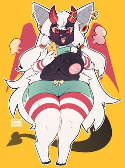 anthro big_breasts blush breasts chibi cleavage clothed clothing fangs female hair long_hair looking_at_viewer navel nipples open_mouth red_eyes red_sclera smile solo teeth thick_thighs white_hair chromapan numa_nightclaw_(nayeba) bat demon mammal 2023 hi_res