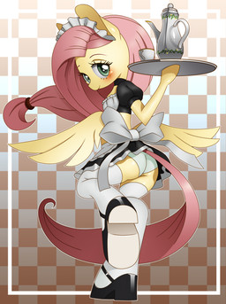 anthro blush checkered checkered_background clothed clothing female holding_tray legwear looking_at_viewer maid_uniform panties pattern_background rear_view semi-anthro simple_background smile solo thigh_highs underwear uniform upskirt wings chacrawarrior friendship_is_magic hasbro my_little_pony mythology fluttershy_(mlp) equid equine mammal mythological_creature mythological_equine pegasus hi_res
