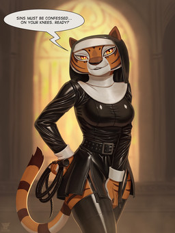 anthro bedroom_eyes belt breasts church clothed clothing dialogue female fur half-closed_eyes holding_object holding_whip inside latex latex_clothing latex_legwear latex_stockings legwear looking_at_viewer narrowed_eyes nun_habit nun_outfit orange_body religious_clothing seductive smile solo speech_bubble standing stockings stripes tail text topwear whip hacatiko dreamworks kung_fu_panda master_tigress felid mammal pantherine tiger 3:4 digital_media_(artwork) english_text hi_res