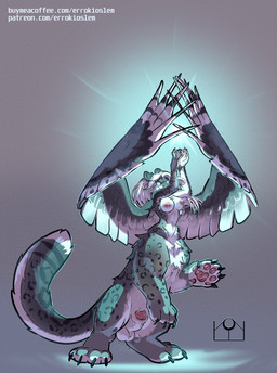 abstract_background animal_genitalia animal_penis big_breasts blue_eyes breasts casting_spell feathered_wings feathers feline_genitalia feline_penis fur genitals gynomorph hair intersex intersex_taur looking_at_object markings nipples on_hind_legs penis pink_nipples raised_arms raised_wings sheath solo spots spotted_body spotted_fur spotted_markings spotted_tail tail tail_markings text three-quarter_view white_hair wings errokioslem aura_(aurasentinel) felid mammal pantherine snow_leopard taur full-length_portrait hi_res portrait url nonbinary_(lore)