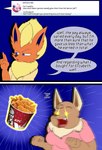 absurd_res anthro blush brown_body brown_fur canid canine chicken_meat digital_drawing_(artwork) digital_media_(artwork) eevee eeveelution elizabeth_venizee english_text female flamberry_(artist) flareon food franklin_flare fur generation_1_pokemon hair happy hi_res ibispaint_(artwork) kfc kfc_bucket male male/female mammal meat nintendo open_mouth png_file pokemon pokemon_(species) question simple_background smile speech_bubble text