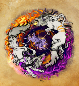 bone feral group male skull skull_head text trio ukiyo-e thehavanawolf capcom okami_(capcom) canid canine lagomorph leporid mammal rabbit hi_res japanese_text