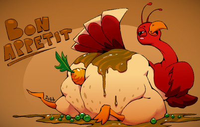 ambiguous_gender anal anal_penetration beak big_butt blush blush_stickers brown_background butt butt_focus carrot carrot_in_ass feathers feral food food_fetish food_in_ass food_insertion food_play fruit gravy huge_butt improvised_sex_toy legume lying markings narrowed_eyes on_front open_mouth open_smile orange_beak orange_legs pea_(food) penetration plant red_body red_feathers red_wings simple_background smile smug solo spots spotted_body spotted_feathers squint squinted_eyes tail tail_feathers tan_body tan_feathers text vegetable wings jubb miitopia twerkey avian bird galliform phasianid turkey 2023 artist_name english_text