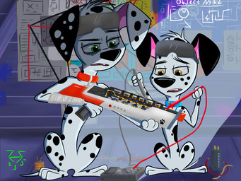 black_body black_ears black_fur black_spots blue_collar collar duo feral floppy_ears freckled_face freckles fur green_eyes gun heterochromatic_ears holding_gun holding_object holding_ranged_weapon holding_weapon male ranged_weapon red_collar repairing spots toony weapon white_body white_fur white_spots ark235 101_dalmatian_street 101_dalmatians disney dawkins_(101_dalmatians) dylan_(101_dalmatians) canid canine canis dalmatian domestic_dog mammal