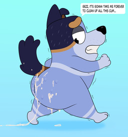 annoyed anthro big_butt black_eyes black_nose blue_body blue_ears blue_fur blue_tail bodily_fluids brown_body brown_fur brown_tail butt cum cum_on_butt fur genital_fluids half-closed_eyes looking_at_butt looking_at_own_butt looking_at_self looking_back male motion_lines multicolored_body multicolored_fur multicolored_tail narrowed_eyes one_ear_up side_view solo speech_bubble sweat tail teeth text thick_thighs walking colossalstars bluey_(series) stripe_heeler australian_cattle_dog canid canine canis cattledog domestic_dog herding_dog mammal pastoral_dog 2026 absurd_res digital_media_(artwork) english_text hi_res