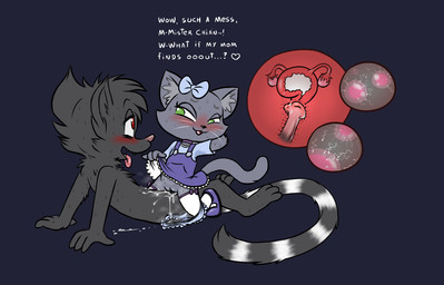accessory adult_on_young age_difference anthro anthro_on_anthro anthro_penetrated anthro_penetrating anthro_penetrating_anthro bell biped black_background black_body black_fur black_nose blue_clothing blue_dress bodily_fluids bottomless bottomless_anthro bottomless_female bow_ribbon cervical_contact cheek_tuft clothed clothed_female clothing clothing_around_one_leg clothing_lift cowgirl_position cum cum_in_uterus cum_in_vagina cum_inside cum_on_belly cum_on_body cutaway dress dress_lift duo ejaculation erection eyebrows facial_tuft fallopian_tubes female female_anthro female_penetrated flared_penis from_front_position fur genital_fluids genitals grey_body grey_fur hair_accessory hair_bow hair_ribbon hand_behind_head head_tuft humanoid_genitalia humanoid_vulva impregnation inner_ear_fluff internal internal_vaginal interspecies interspecies_impregnation larger_anthro larger_male legwear long_tail looking_at_another looking_at_parent looking_at_relative looking_pleasured male male/female male_anthro male_penetrating male_penetrating_female markings multiple_ova musk nude_anthro nude_male older_male on_bottom on_top open_mouth orgasm ovaries ovum panties panties_around_one_leg panties_down partially_clothed penetration penile penile_penetration penis penis_in_vagina red_nose ribbons sex shirt simple_background size_difference smaller_anthro smaller_female smaller_penetrated sperm_cell stockings striped_markings striped_tail stripes sweat tail tail_markings text thigh_highs tongue tongue_out topwear tuft underage_impregnation underwear underwear_around_one_leg underwear_down uterus vaginal vaginal_fluids vaginal_penetration vulva wet wet_clothing wet_shirt wet_topwear whiskers white_clothing white_legwear white_stockings young young_anthro young_female younger_female furcollector ashe_(starshippizza) chian_(furcollector) domestic_cat felid feline felis lemur mammal primate strepsirrhine 2025 english_text