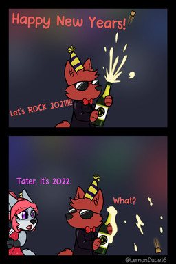 alcohol anthro beverage bow_tie champagne chibi clothing cork_popping dress ear_piercing eyeshadow eyewear female fur grey_body grey_fur hair hat headgear headwear holiday_message holidays lipstick makeup male party_hat piercing pink_hair red_body red_fur red_lipstick simple_background sunglasses text lemondude new_year serena_(lemondude) tater_(lemondude) canid canine canis fox mammal wolf 2022 2:3 comic english_text hi_res