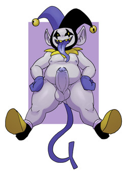 balls bodily_fluids clothed clothing cum cum_on_penis erection footwear foreskin genital_fluids genitals gloves handwear hat headgear headwear humanoid_genitalia humanoid_penis humanoid_pointy_ears legwear long_tongue looking_at_viewer male mostly_nude nipples not_furry open_mouth penis pointy_ears precum presenting presenting_penis sharp_teeth shoes shortstack shortstack_male slightly_chubby smile socks solo standing teeth thick_thighs tongue tongue_out yellow_eyes yellowdog deltarune undertale_(series) jevil_(deltarune) darkner humanoid imp 2018 digital_media_(artwork) hi_res shaded