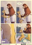 anthro apollo_(dirtypaws) balls bear bird_dog black_lips blonde_hair blue_eyes blush bottomwear brown_bear brown_body brown_eyes brown_fur brown_hair brown_nose bulge butt_outline canid canine canis clothed clothing colors_(dirtypaws) comic dialogue domestic_dog duo english_text feet foot_focus fur genitals hair half-erect hi_res hindpaw humanoid_feet hunting_dog labrador lips locker_room male male/male mammal muscular muscular_male nude nude_male partially_clothed paws penile penis penis_peek pink_penis plantigrade pubes public public_nudity raised_tail retriever shower speech_bubble tail tail_motion tailwag tan_body tan_fur tan_nose text theo_young tongue towel towel_around_waist towel_drop towel_only towel_wrap undressed url ursine