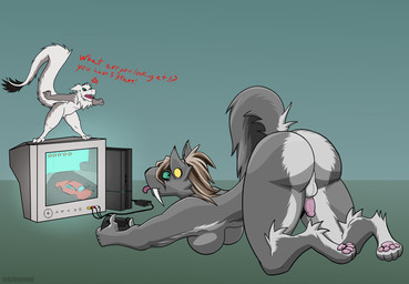 ambiguous_gender angry anthro ass_up backsack balls big_breasts big_butt big_tail breasts butt casual_nudity controller cross-popping_vein duo electronics fangs feet female foot_focus fur genitals gynomorph hanging_breasts intersex intersex/female intersex/intersex looking_back pawpads paws penis penis_tuck perineum presenting presenting_hindquarters raised_paw raised_tail sabertooth_(anatomy) size_difference small_penis smaller_anthro stretching tail teeth television thick_thighs trichternet grand_theft_auto mythology playstation playstation_4 rockstar_games sony_corporation sony_interactive_entertainment rhea_(trichternet) wit_(trichternet) dragon felid furred_dragon furred_scalie mammal mythological_creature mythological_scalie prehistoric_species saber-toothed_tiger sabertooth_feline scalie hi_res