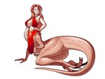 big_breasts blue_eyes bottomless breasts brown_body brown_scales butt claws clothed clothing female hair hand_on_hip huge_breasts lounging orange_hair partially_clothed scales simple_background solo white_background blazbaros dinosaur dinosaur_taur dromaeosaurid humanoid prehistoric_species reptile reptile_taur scalie scalie_taur taur theropod 4:3 hi_res