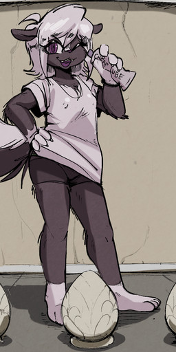 anthro black_body braces breasts female fur hair lube outside public solo tail white_body scrambledeve samantha_(bateryne) mammal mephitid skunk hi_res