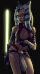 blue_eyes female green_lightsaber head_tails holding_object holding_weapon jedi lekku_(anatomy) lightsaber lips looking_at_viewer melee_weapon not_furry reverse_grip solo weapon wide_hips yellow_lightsaber raikoh-illust star_wars ahsoka_tano alien alien_humanoid humanoid togruta hi_res