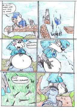 anthro belly big_belly blue_clothing blue_hair clothing duo female female_pred hair outside overweight speech_bubble text vore virus-20 wendy_wolf_(virus-20) canid canine canis domestic_pig mammal suid suine sus_(pig) wolf 2007 comic traditional_media_(artwork)